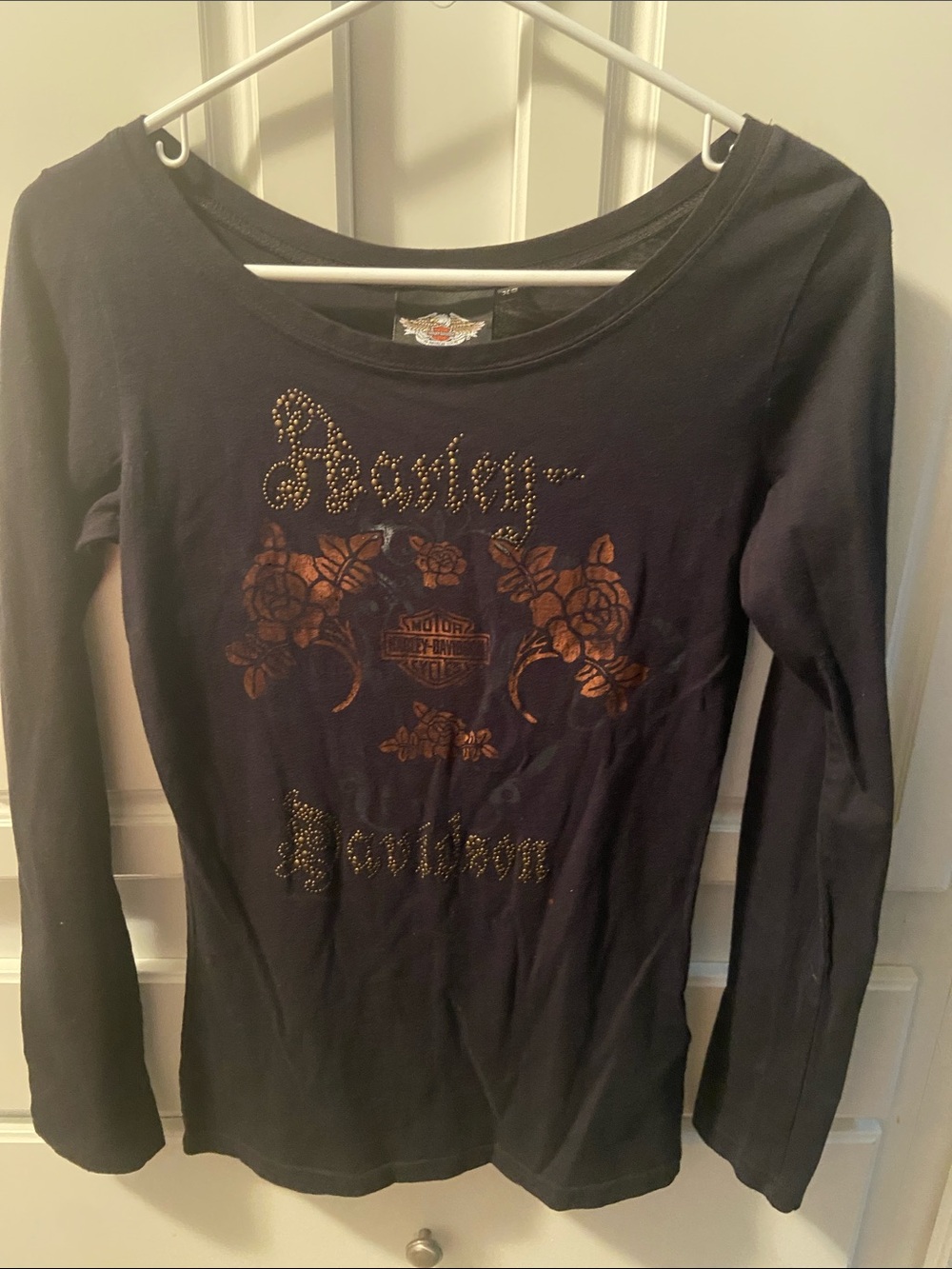 Harley-Davidson Black Long Sleeve Tee with Bronze Floral Crest